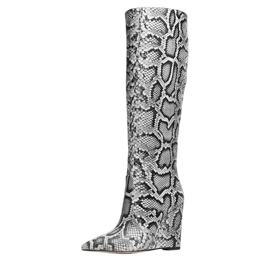 Michael Kors Womens Isra Knee High Wedge Boots Size 5.5 Black Snake Leather NWOB